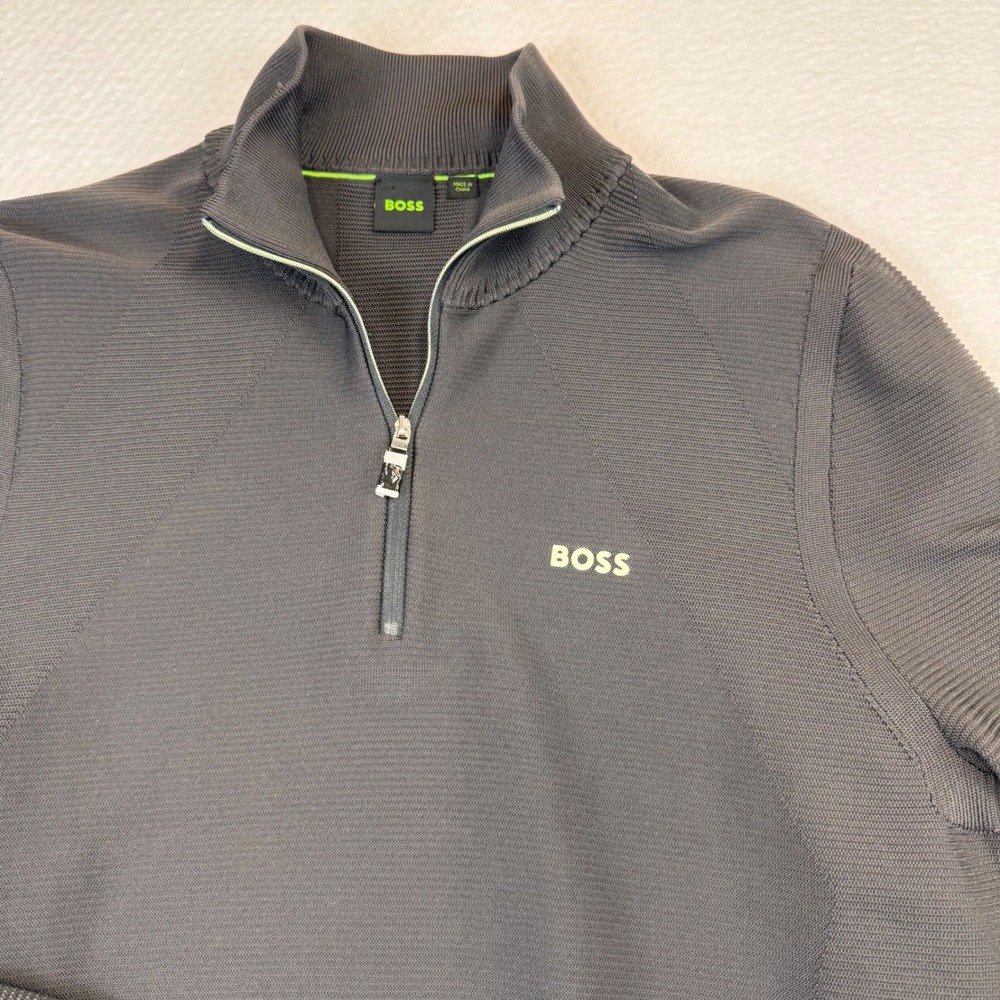 BOSS Hugo Boss Mens Quarter Zip Pullover Sweater Ribbed Texture Charcoal Gray L - Picture 2 of 9
